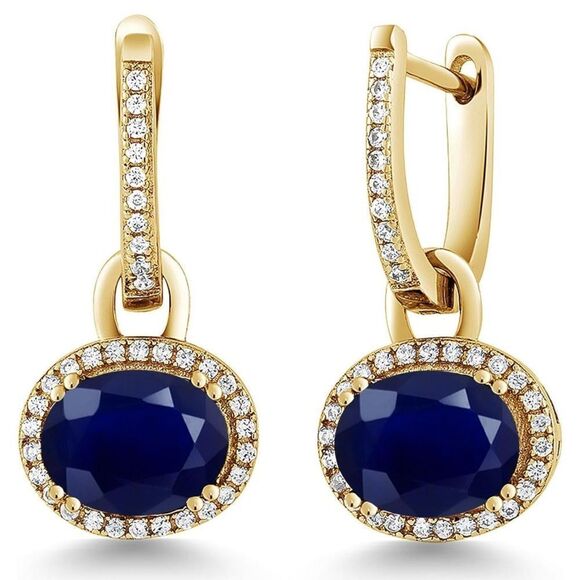 18K Yellow Gold 925 with 5.84 Cttw Navy Blue Sapphire Oval French Lock Earrings
